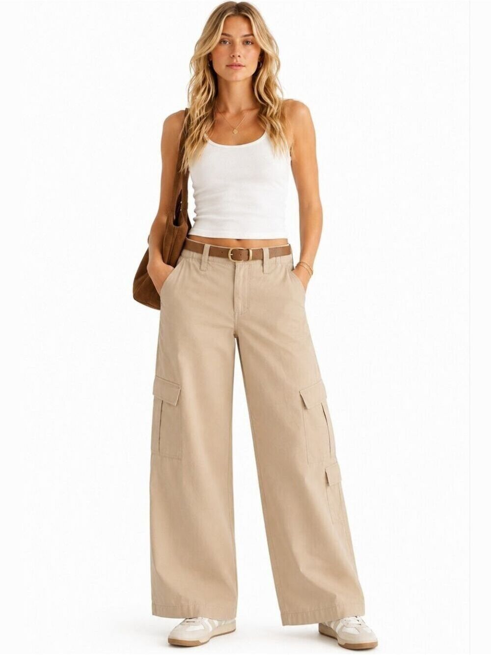 ELODIE WIDE LEG COTTON TAN CARGO UTILITY PANTS SIZE MEDIUM NWOT